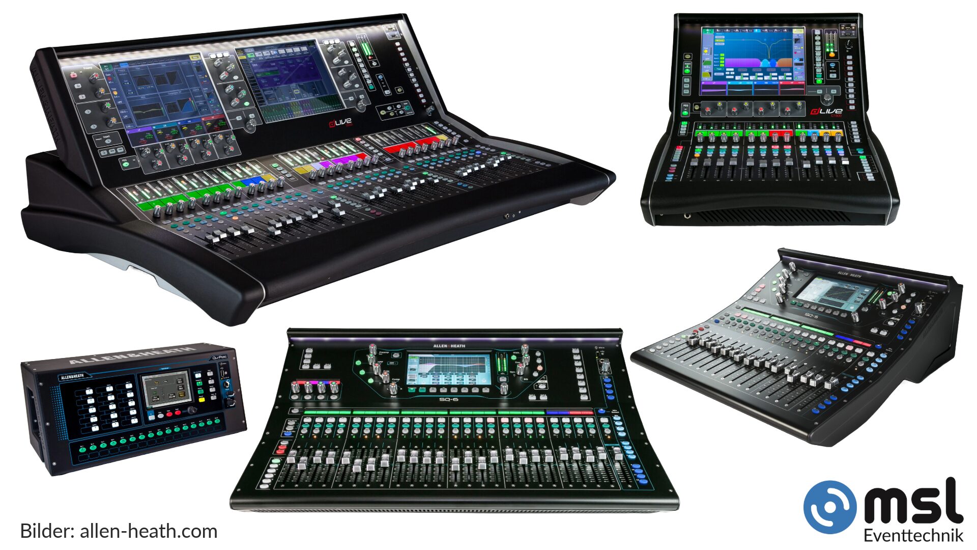 Mischpulte von Allen&Heath bei MSL Eventtechnik mieten: Modelle der Serien dLive, SQ, QU ab Lager verfügbar.