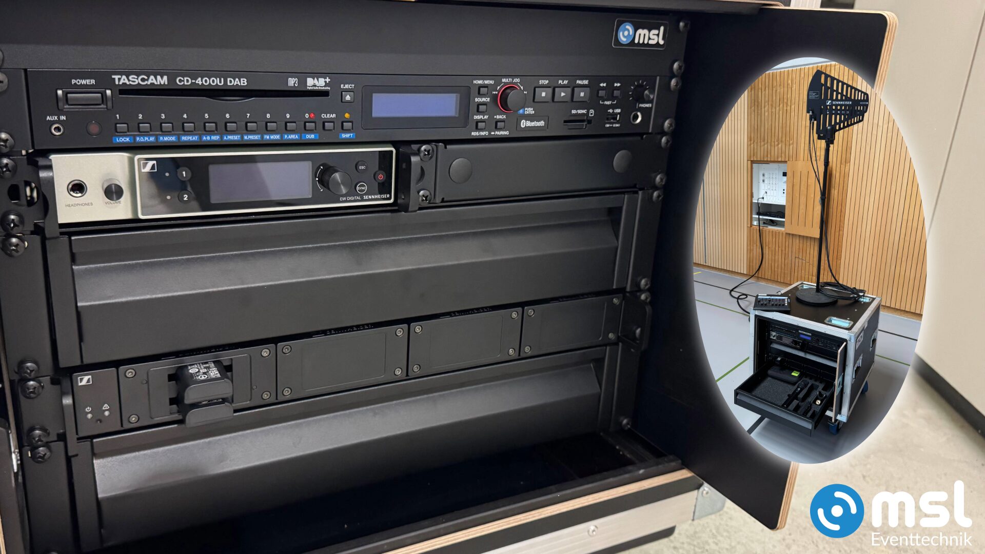 Mobiles Rack mit Player und Funkmikrofon für Turnhalle und Mehrzweckhalle Gränichen von MSL Eventtechnik