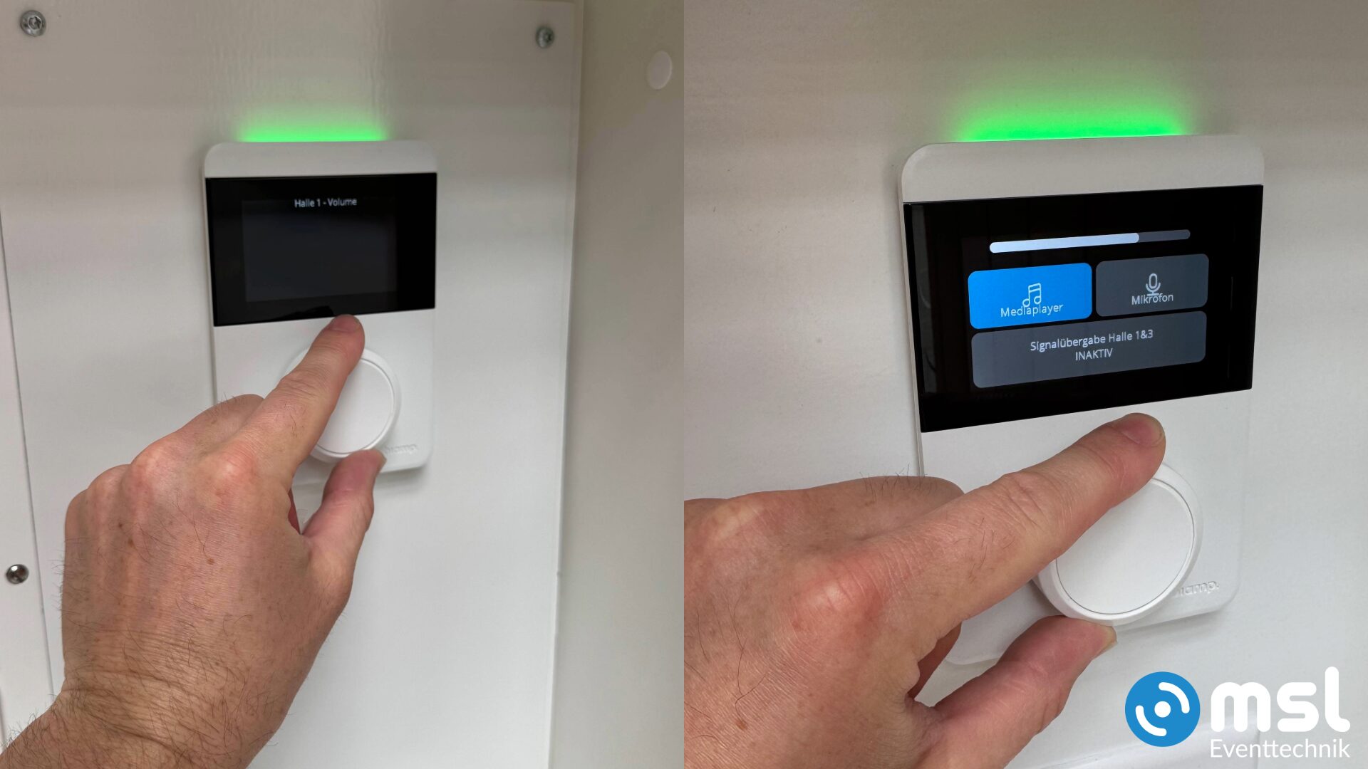 Bedienpanel für Beschallung Tontechnik in Turnhalle, einfache Bedienung für Laien mit Mediaplayer und Mikrofon Auswahltaster auf Touchpanel von MSL Eventtechnik
